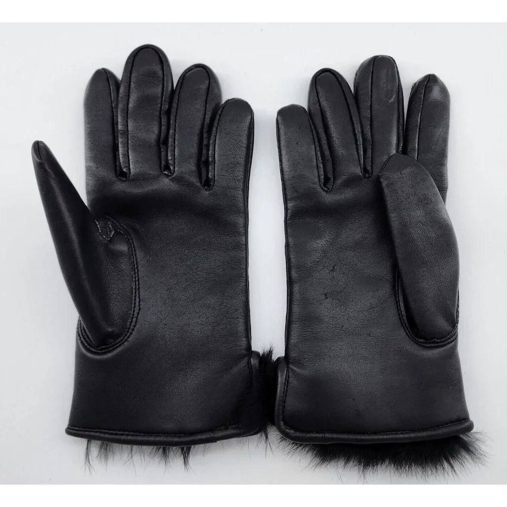 Jessica Stevens Women's Black‎ PVC Gloves  Animal Fur Lined Cuffs Size S/M